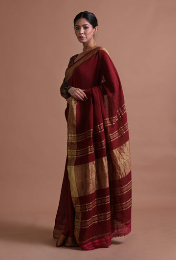 Maroon Color Cotton Linen Saree With Unstitched Blouse